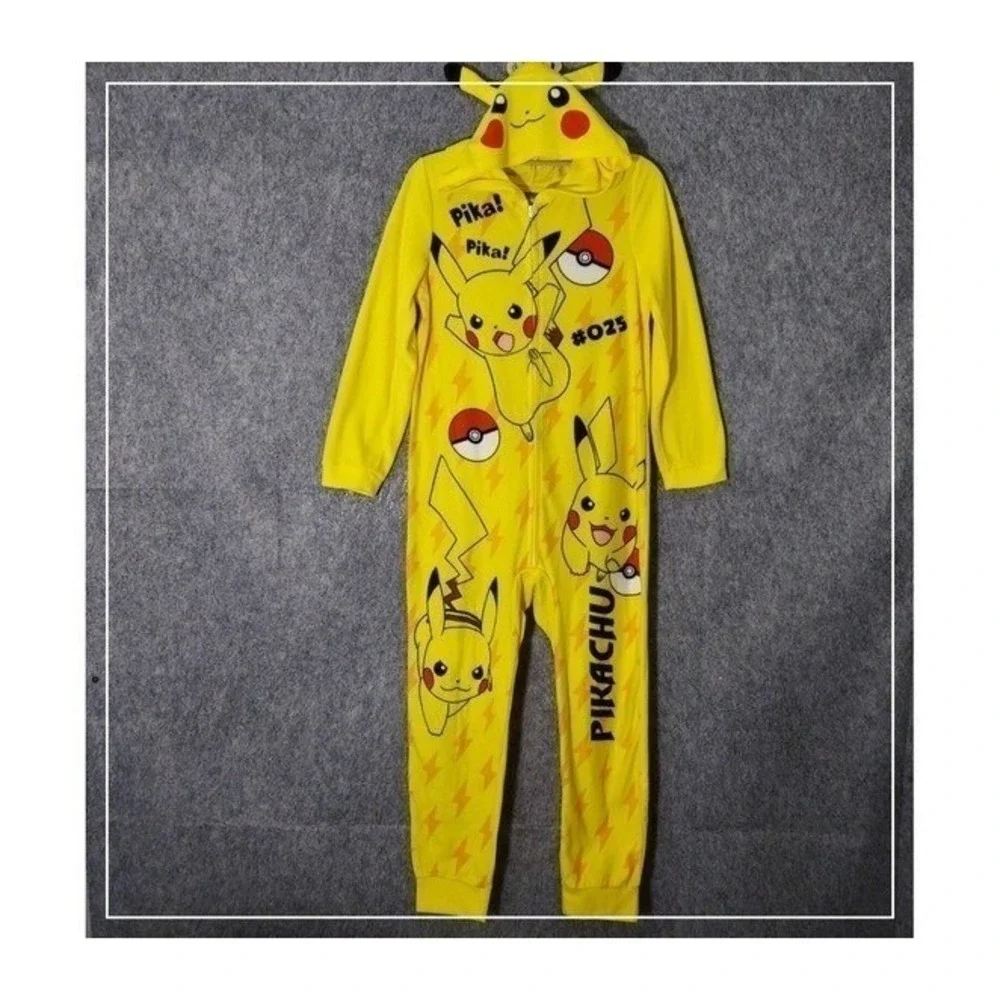 Pokemon Pajama Costume Kid L Pikachu Yellow Hooded Fleece One Piece Cosplay Suit